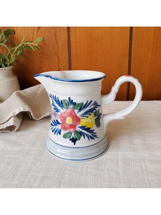 Other - Vintage Hand Painted Floral Ceramic Pitcher Creamer Blue Trim 5 Inch Cottage